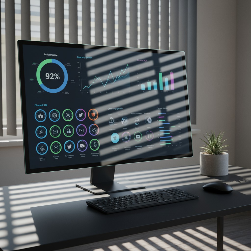 Computer monitor displaying a dashboard with various icons and graphs, suggesting data analysis or performance monitoring.