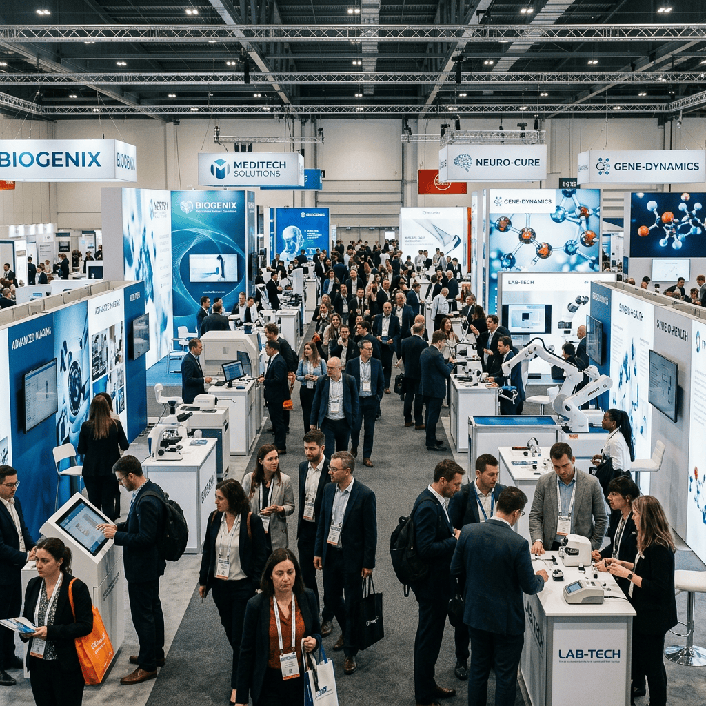 Crowded biomedical technology exhibition with various company booths and attendees