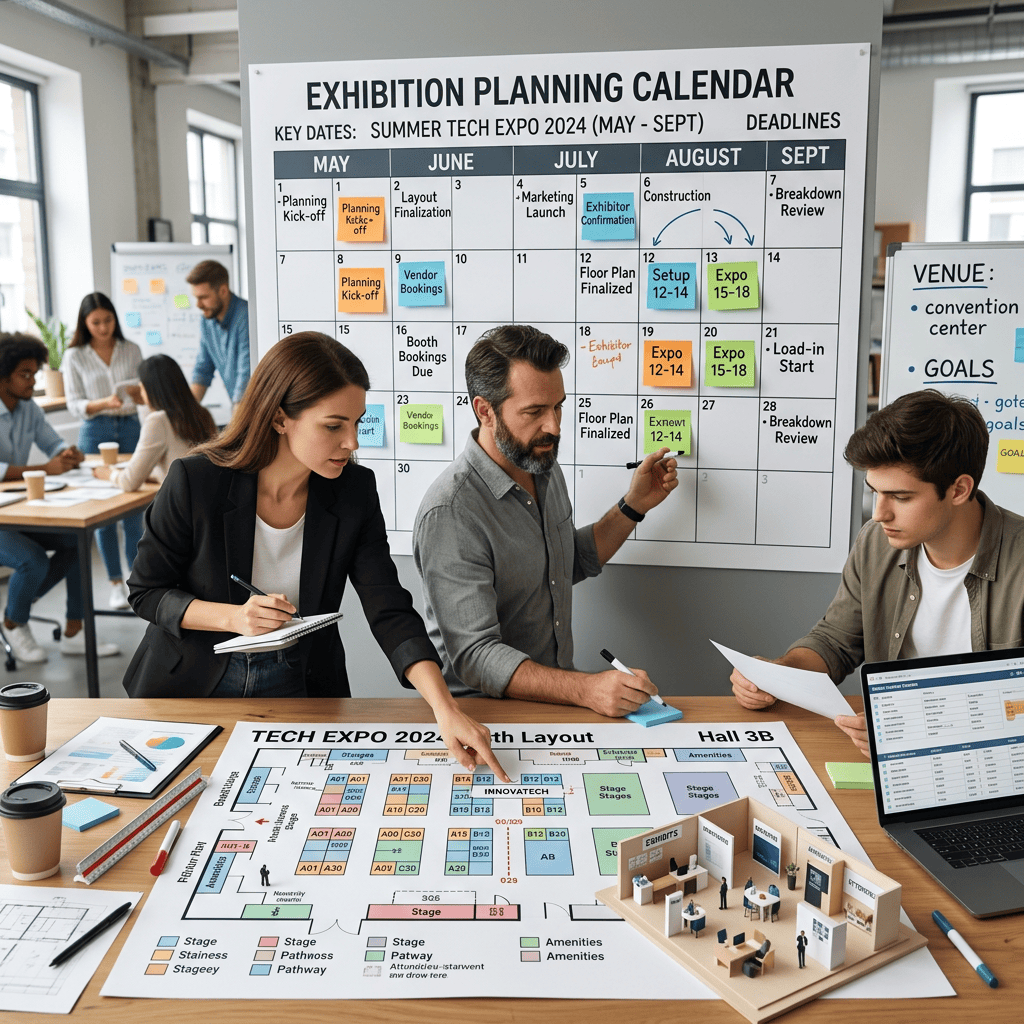 Team members discussing tech expo layout and planning calendar with notes and model