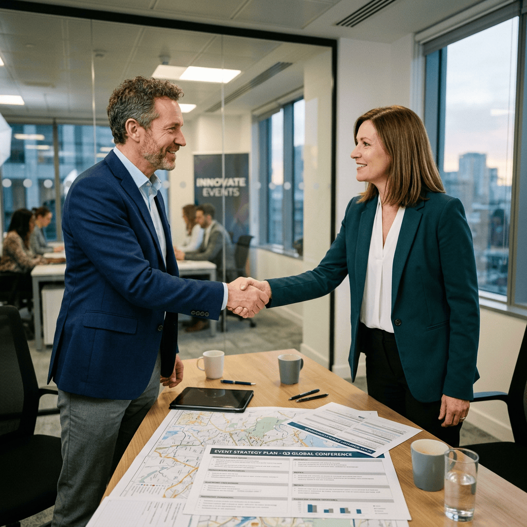 Businessman and businesswoman shaking hands over a conference table with event strategy plans