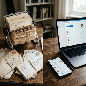 Vintage address card file and envelopes beside laptop and smartphone contact lists