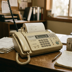Vintage Panasonic fax machine with paper on an office desk