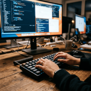 Hands typing on a mechanical keyboard beside monitors displaying code