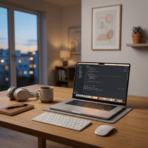 Laptop displaying code on a wooden desk beside headphones and coffee