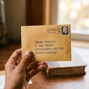 Hand holding envelope addressed to Sarah Jenkins, 21 Oak Street, Portland, OR 97201